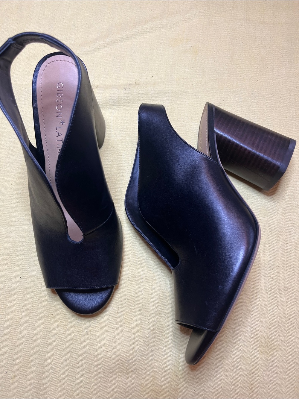 Gibson Latimer Black Leather Peep-Toe Block Heel Slingbacks